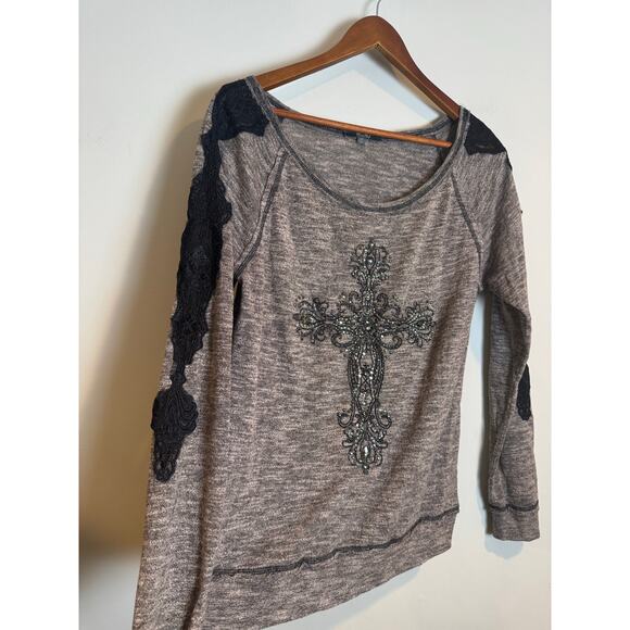 Miss Me Embellished Cross Lace Long Sleeve Heather Gray Top Large - Picture 2 of 5